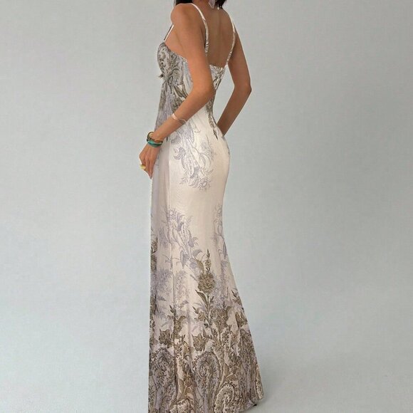 Khaki Elegant Women's Floral Print Color Maxi Slip Dress - Picture 2 of 6